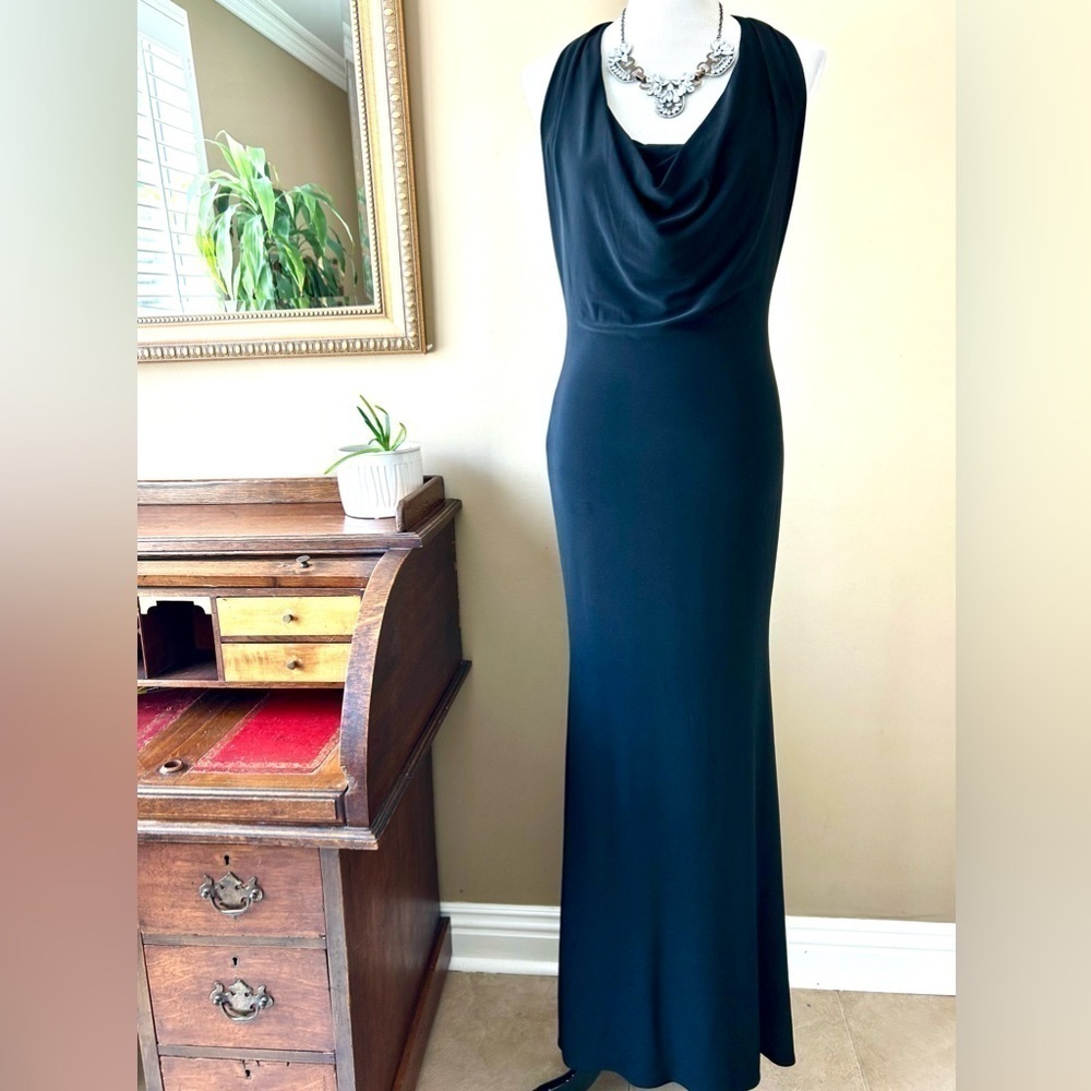 ABS Allen Schwartz Black Cowl Neck Halter Full Length Formal Gown Maxi Dress S